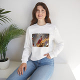 Crewneck Sweatshirt — Elegant Red Gown Art Print (Regal Celebration) featuring a cinematic art design of a lady in a red gown surrounded by soft light.