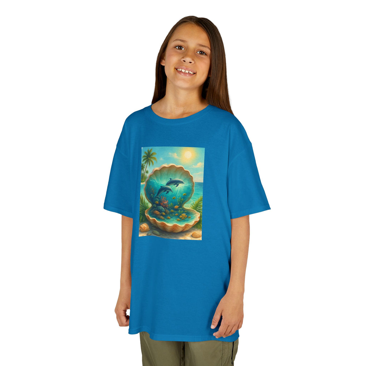 Kids Tee — Ocean Pearl Dolphin Shell Beach Graphic featuring a vibrant graphic of dolphins leaping in an ocean scene.