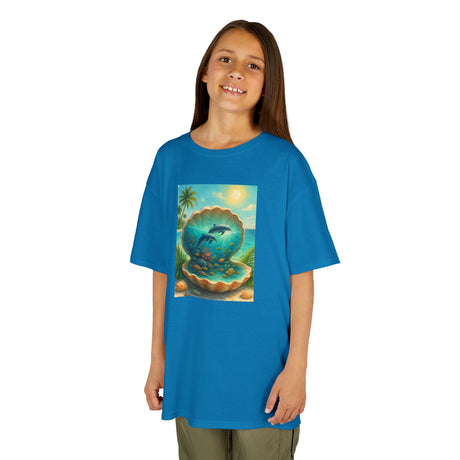 Kids Tee — Ocean Pearl Dolphin Shell Beach Graphic featuring a vibrant graphic of dolphins leaping in an ocean scene.