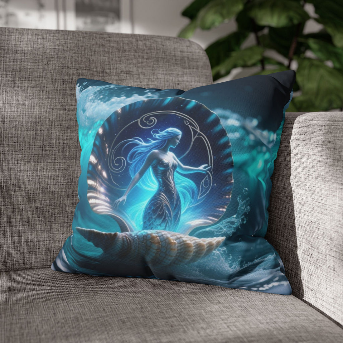 Ocean Goddess Decorative Pillow Cover — Mermaid Nautical Art Square Throw Pillowcase  16" × 16"