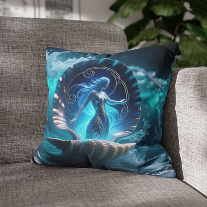 Ocean Goddess Decorative Pillow Cover — Mermaid Nautical Art Square Throw Pillowcase  16" × 16"