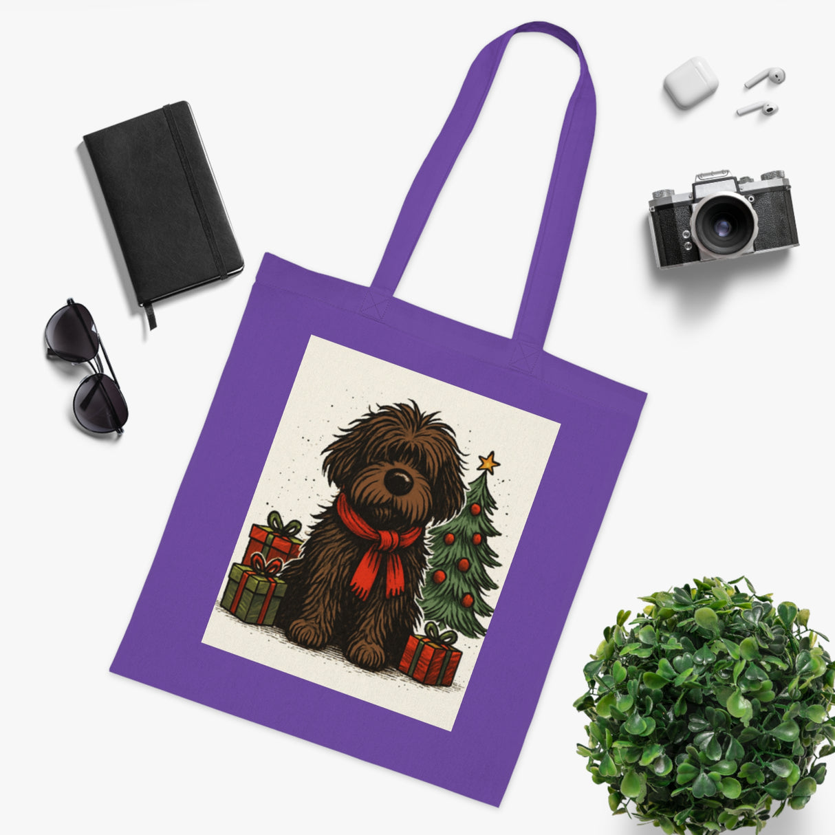 Holiday-inspired Christmas Dog Tote Bag with adorable fluffy dog and presents design.