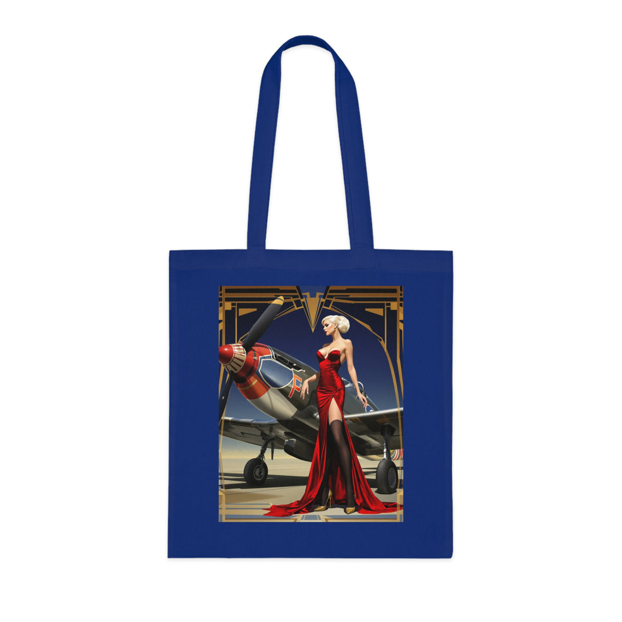 Side view of the Vintage Pin-Up Plane Tote — Red Dress Aviation Cotton Tote Bag demonstrating its lightweight cotton material and vibrant color.