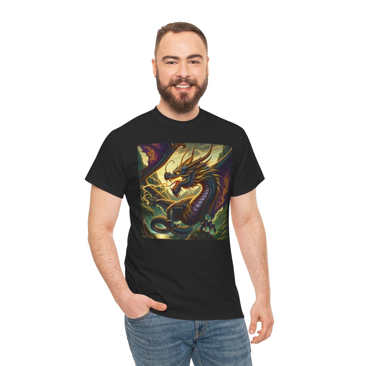 Dragon Compass Graphic Tee featuring a vibrant coiled dragon design on the front and a nautical compass scene on the back.