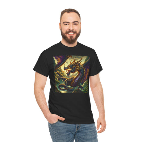 Dragon Compass Graphic Tee featuring a vibrant coiled dragon design on the front and a nautical compass scene on the back.