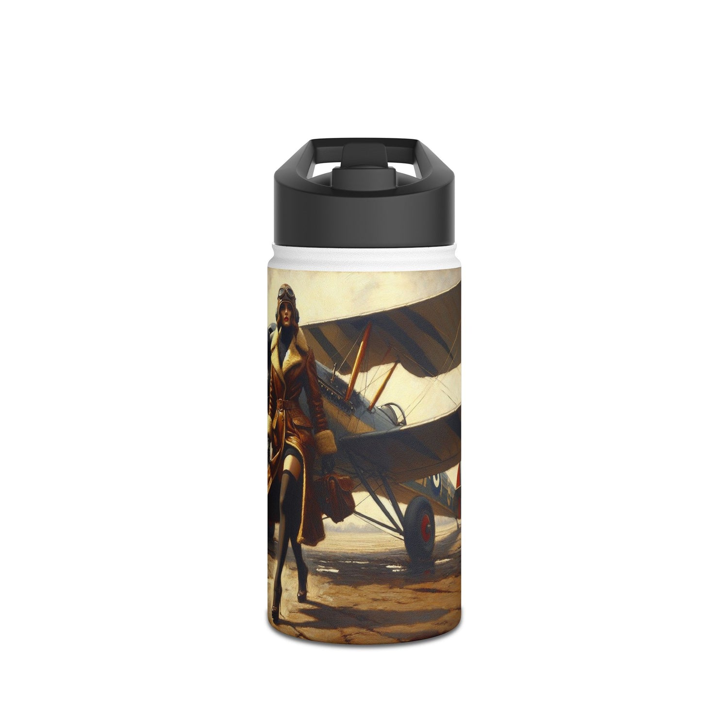 Close-up of the Aviator Vintage Stainless Steel Water Bottle with a matte grain texture and warm sepia tones inspired by vintage aviation.