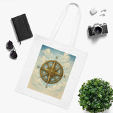 Vintage Compass Cotton Tote Bag next to eco-friendly items promoting sustainability.
