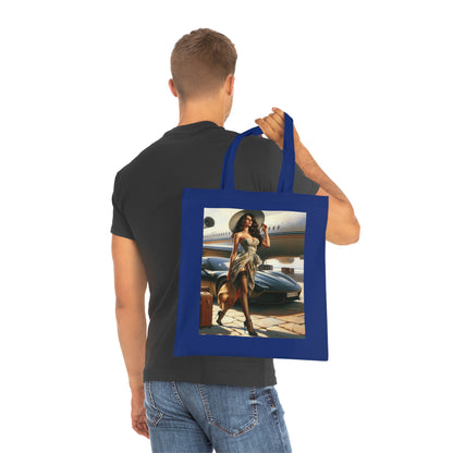 The Chic Travel Cotton Tote Bag in a close-up zoom showing its vibrant color and stylish patterns.