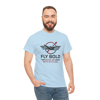 Smiling model wearing Fly Bold Graphic Tee, radiating confidence and style.