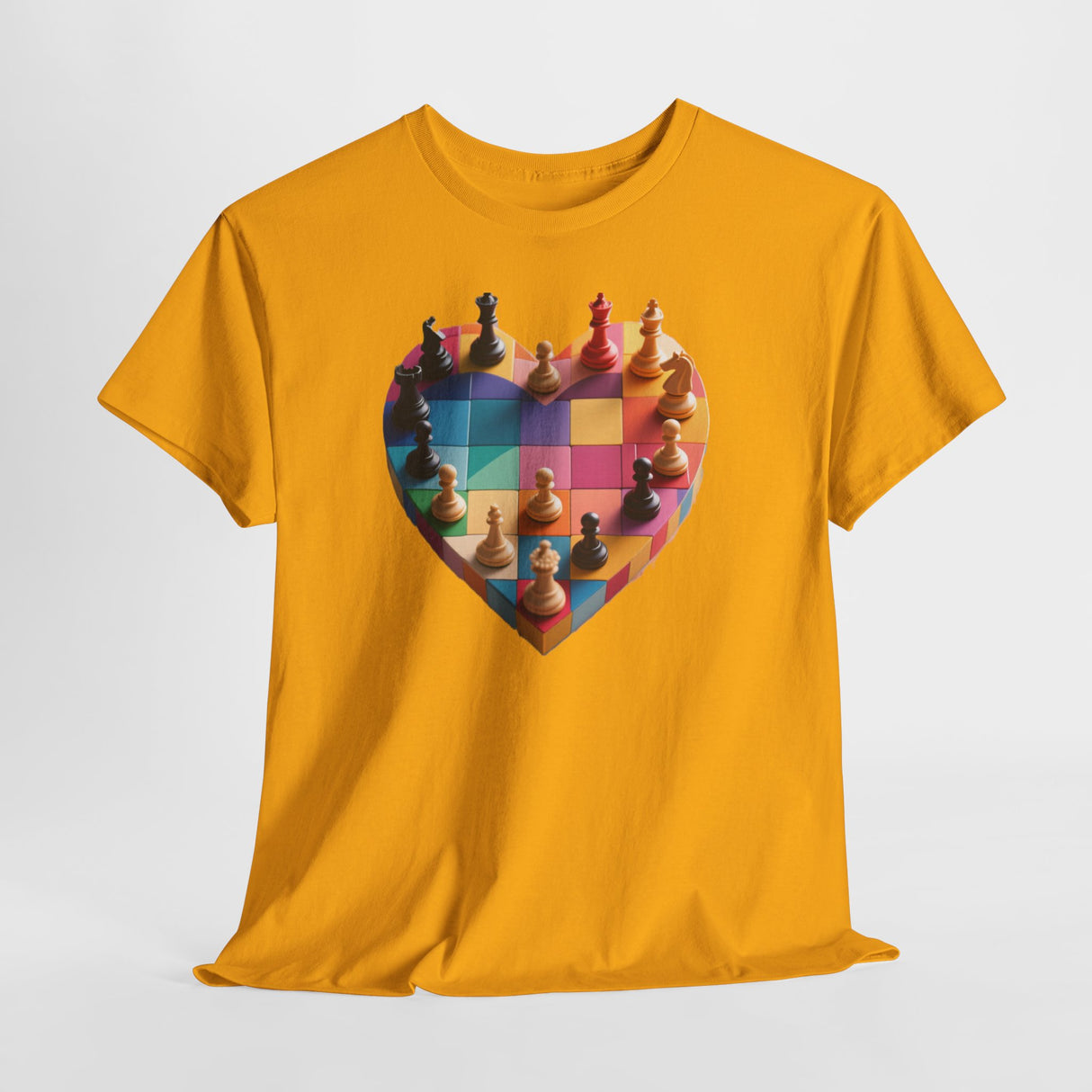 Colorful presentation of the Chess Heart T‑Shirt on a model in a park.