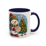 Christmas Snowman Coffee Mug next to a steaming cup of coffee, ready for festive morning vibes.