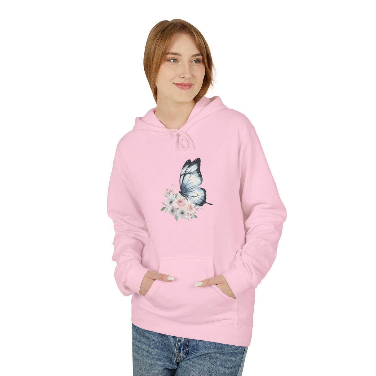Butterfly Floral Hoodie — Watercolor Blue Butterfly with Pink Flowers US