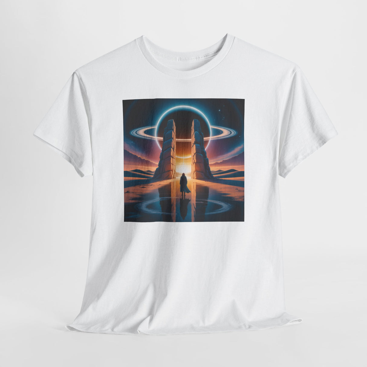 Sci-Fi Gateway T-Shirt in various colors featuring a cosmic portal design.