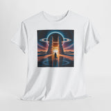 Sci-Fi Gateway T-Shirt in various colors featuring a cosmic portal design.