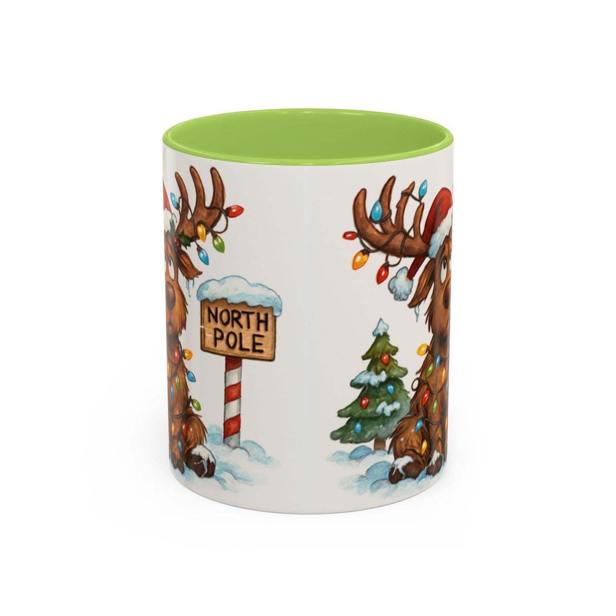 Side view of the Christmas Reindeer Coffee Mug showcasing its fun holiday design and easy-to-hold handle.