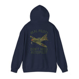 Outdoor lifestyle imagery featuring the Pilot Hoodie – 'Real Pilots Don't Need Autopilot' with a bold vintage design.