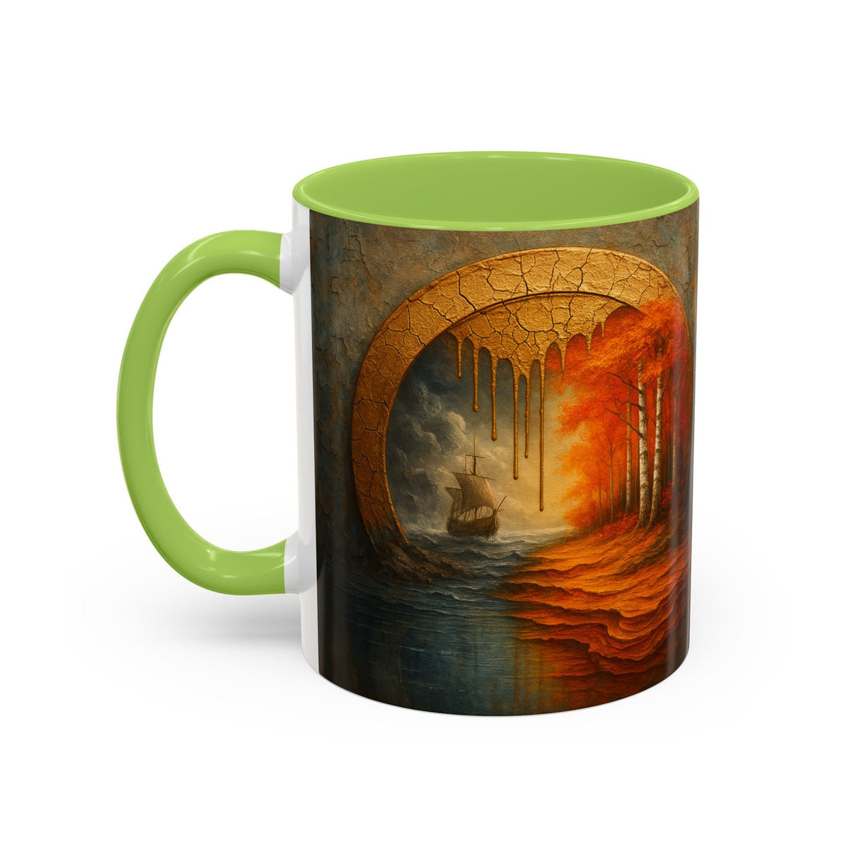 Coffee steaming from the Autumn Portal Coffee Mug, presenting a cozy morning scene.