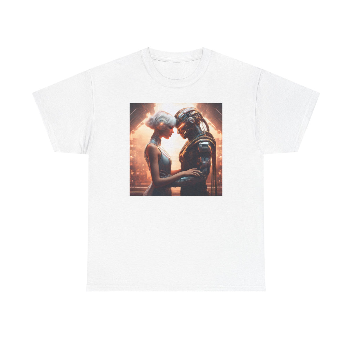 Romantic Sci-Fi Couple Tee — Futuristic Lovers Graphic T-Shirt featuring a vibrant print of a couple sharing an intimate moment.