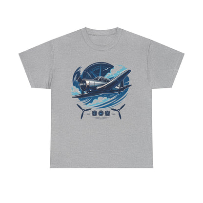 Vintage Propeller Plane T-Shirt laid flat displaying the clean white canvas and vibrant blue gradient illustration.