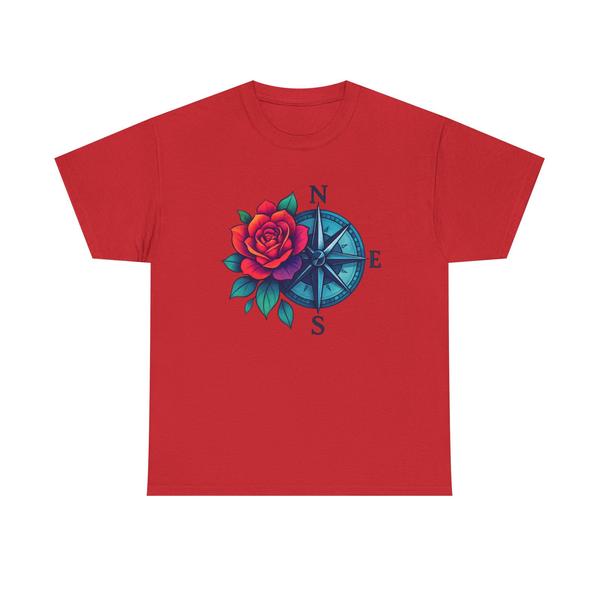 Detailed view of the Compass Rose design on the Compass Rose Tee — Red Rose Nautical Compass Graphic T-Shirt.