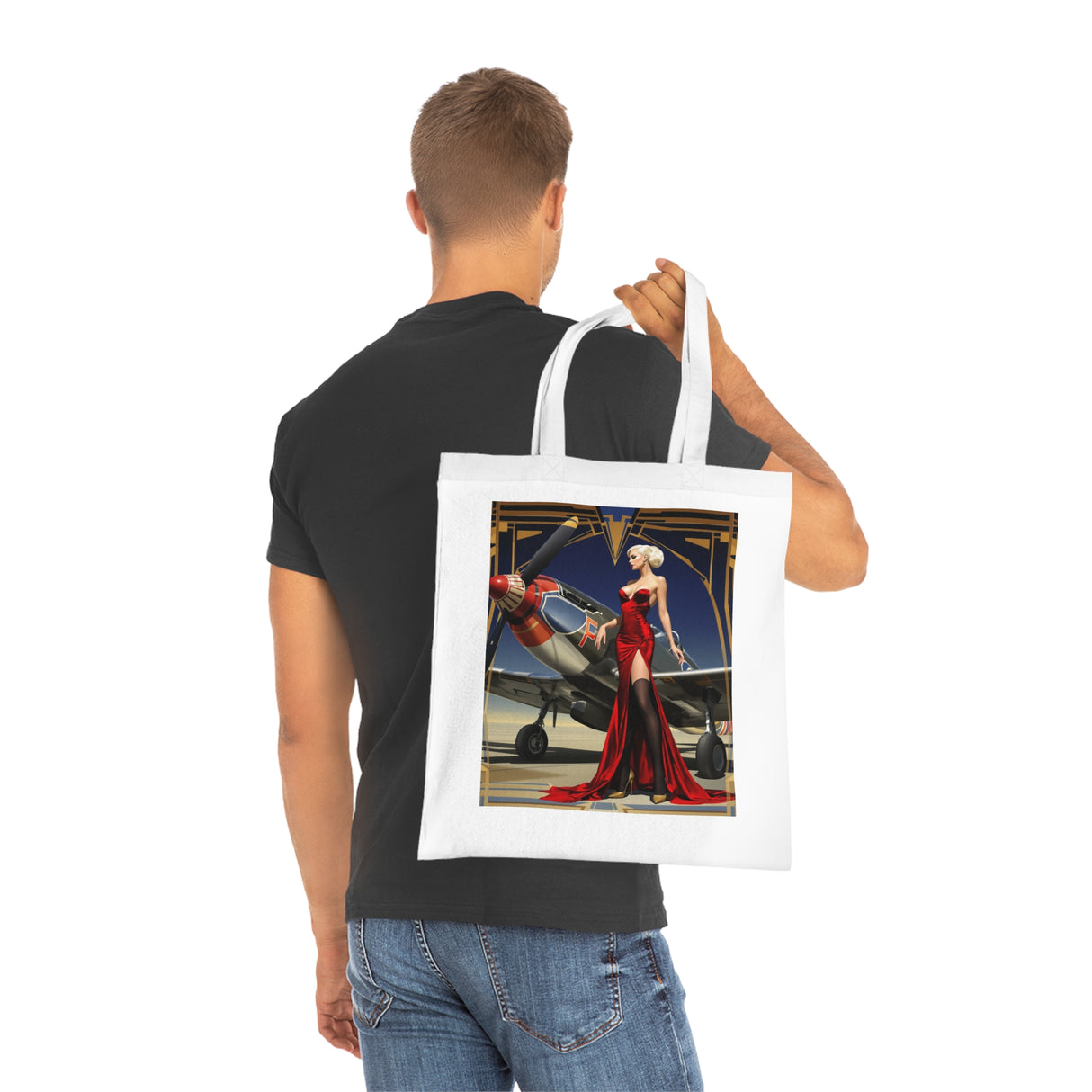 The Vintage Pin-Up Plane Tote — Red Dress Aviation Cotton Tote Bag paired with a retro outfit, highlighting its vintage glam appeal.