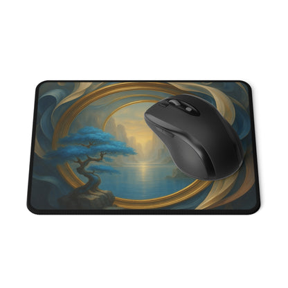 Close-up of Seasons &amp; Storms Gaming Mouse Pad showing detailed autumn forest and ship design, enhancing desk aesthetics.