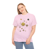 Detail of the Celestial Gold Star Map T-Shirt's sleeve featuring high-quality, detailed printing.