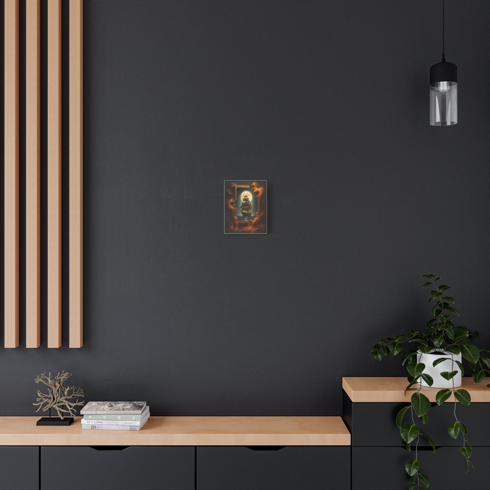 Detail shot of the Sailing Ship Moonlight Canvas - Nautical Wall Art Matte Stretched, emphasizing the luminous gold details and soft rubber dots for wall stability.