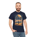 Cosmic Gateway T-Shirt featuring a sci-fi illustration of a lone figure before glowing doorways to a planet.