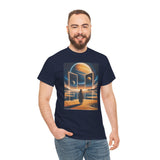 Cosmic Gateway T-Shirt featuring a sci-fi illustration of a lone figure before glowing doorways to a planet.