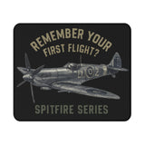 Spitfire Series Gaming Mouse Pad featuring a vintage aircraft design for aviation enthusiasts, with artwork titled 'Remember Your First Flight?'.