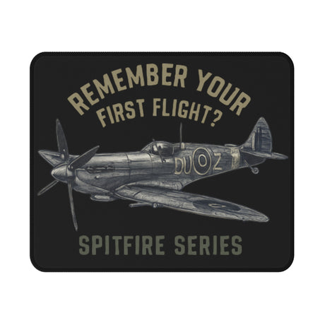 Spitfire Series Gaming Mouse Pad featuring a vintage aircraft design for aviation enthusiasts, with artwork titled 'Remember Your First Flight?'.