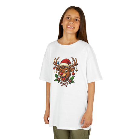 Close-up of the Kids Christmas Reindeer Tee — Cute Santa Hat Rudolph Holiday Shirt showing vibrant hand-drawn details.