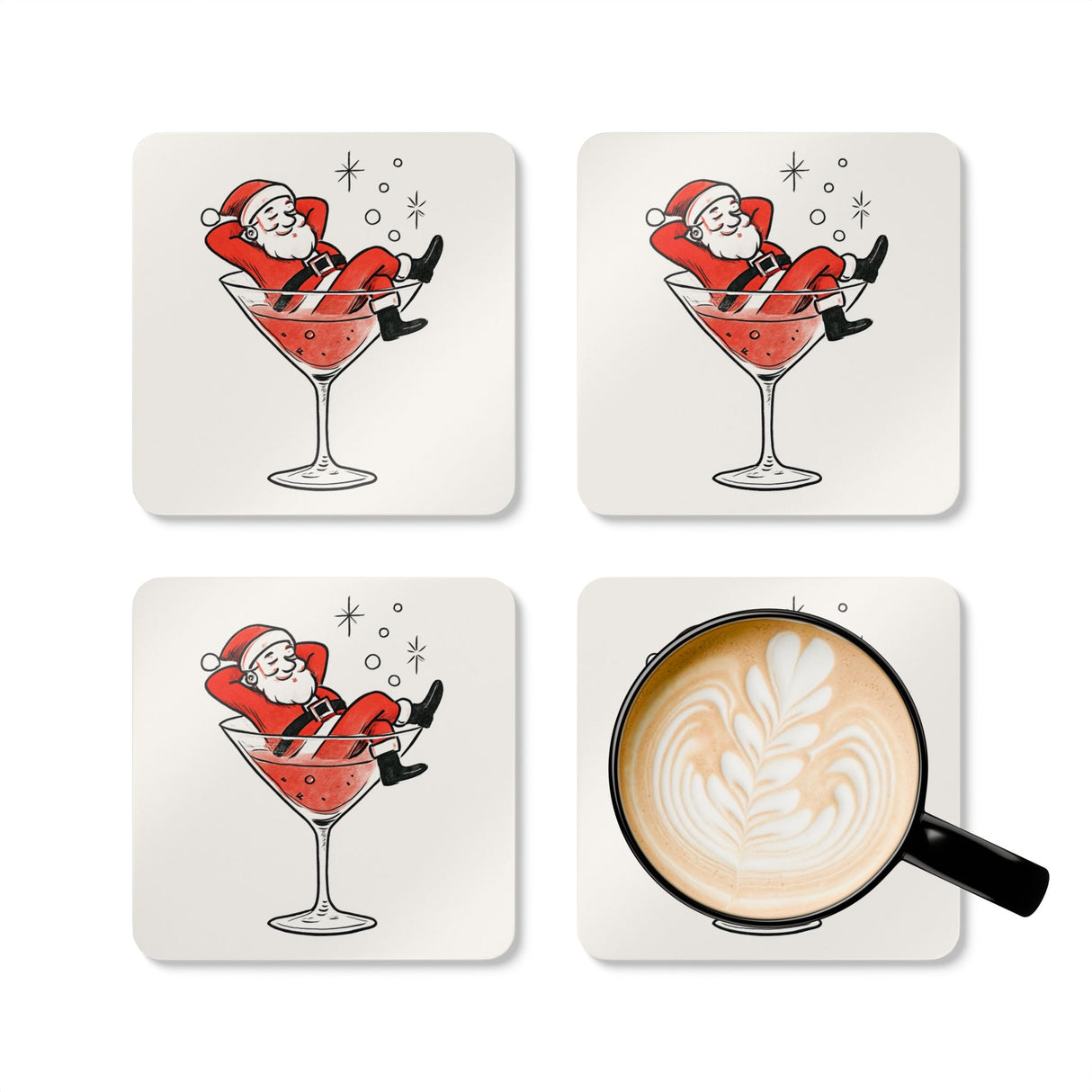 Christmas Santa in Cocktail Corkwood Coaster Set displayed in a stacked arrangement, ideal for seasonal gatherings and as a hostess gift.