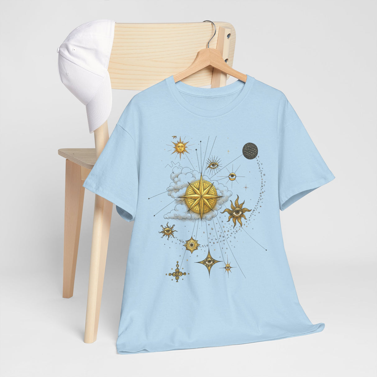 Celestial Compass Tee — Gold Star & Moon Astrology Graphic Shirt showcased as a stylish gift for astrology lovers.