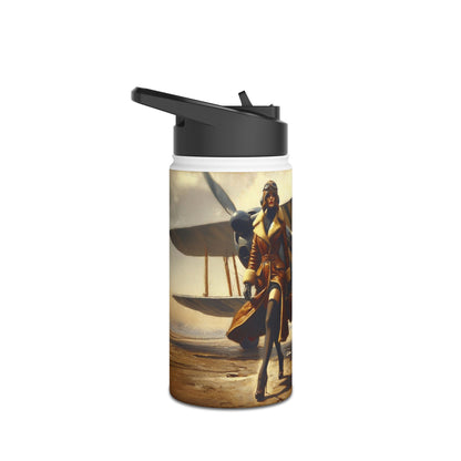 The Aviator Vintage Stainless Steel Water Bottle in action, keeping drinks cold or warm, set against a scenic backdrop of travel gear.