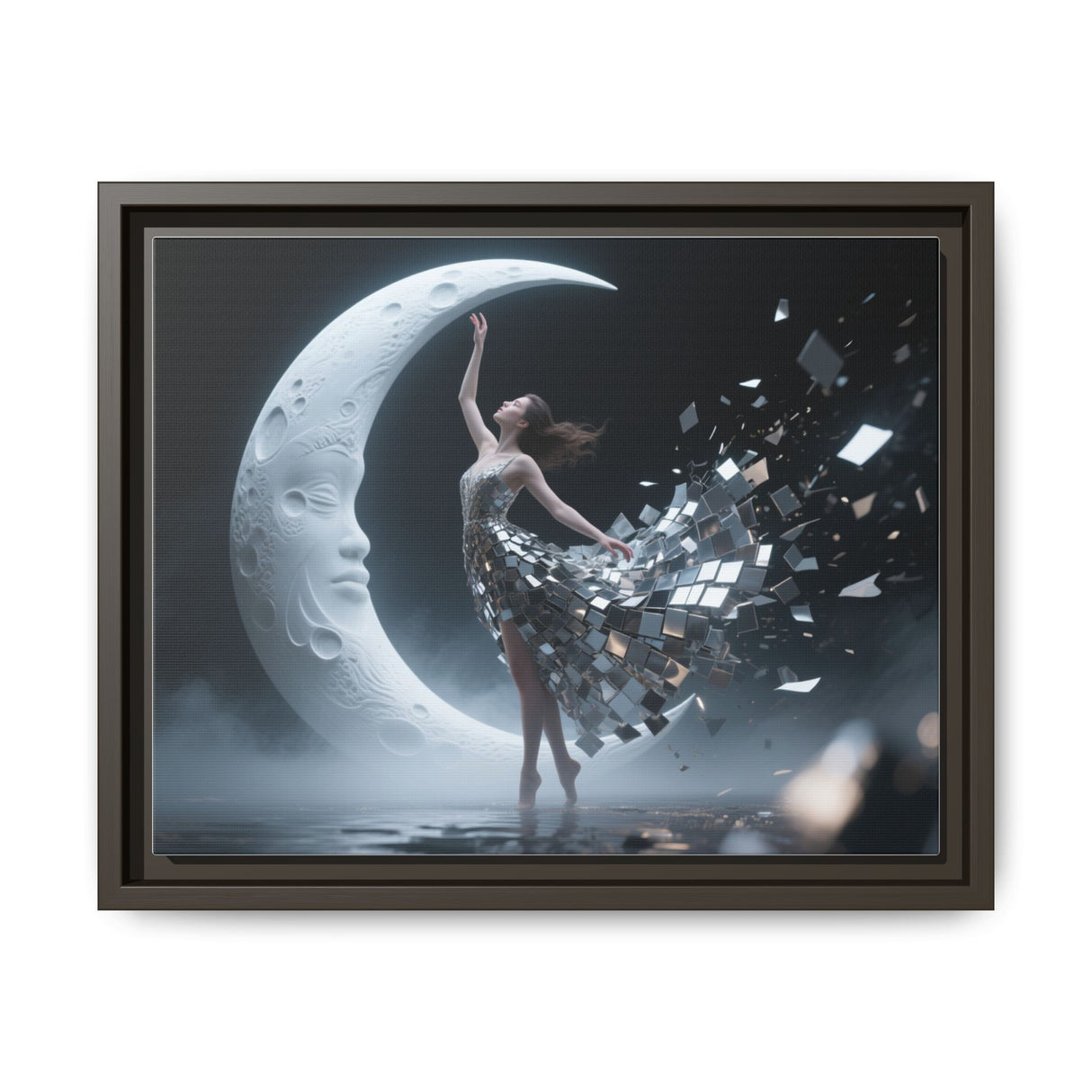 Framed Matte Canvas Art — Dancer & Moon Surreal Wall Decor against a stylish interior wall, enhancing the serene atmosphere.