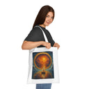 Sailboat Sunset Tote Bag – Beautiful view showcasing the artistic ocean sunset canvas design in warm golds and deep blues.