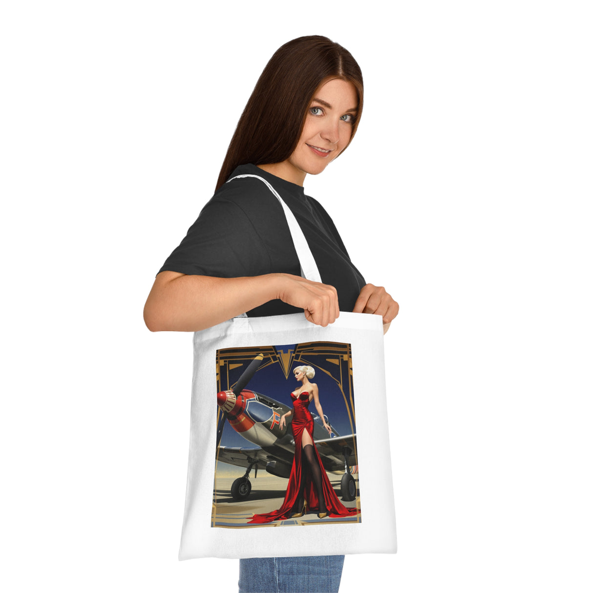 Detail of the stitching on the Vintage Pin-Up Plane Tote — Red Dress Aviation Cotton Tote Bag, showcasing its durability and craftsmanship.