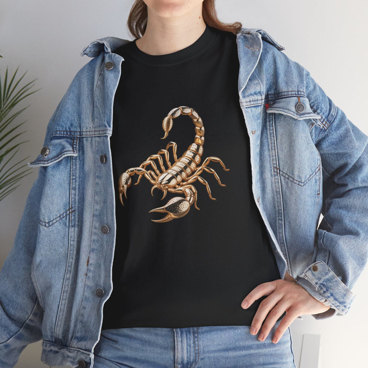 The Scorpion Graphic Tee — Desert Scorpion Illustration T-Shirt styled with denim shorts.