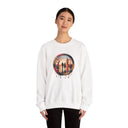 Detail of Crewneck Sweatshirt - Sunset Couple Silhouette in Dripping Circle, highlighting the artistic drip design and vibrant sunset colors.