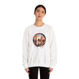 Detail of Crewneck Sweatshirt - Sunset Couple Silhouette in Dripping Circle, highlighting the artistic drip design and vibrant sunset colors.