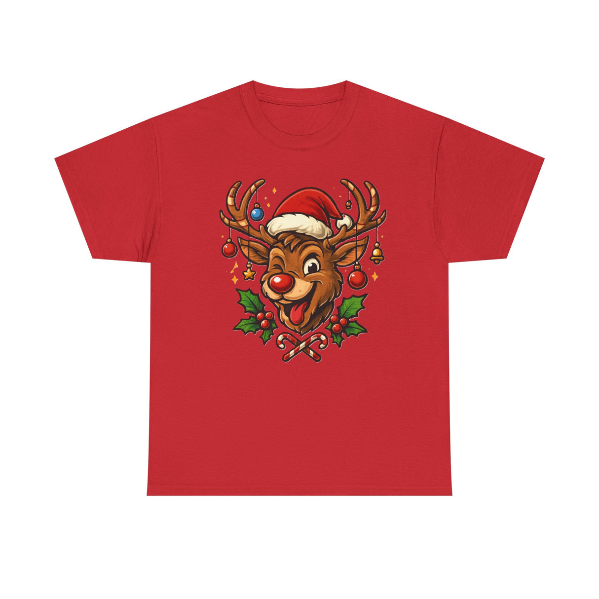 Detail of the Christmas Reindeer Tee's print featuring Santa's hat and vibrant candy canes.