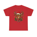 Detail of the Christmas Reindeer Tee's print featuring Santa's hat and vibrant candy canes.