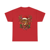 Detail of the Christmas Reindeer Tee's print featuring Santa's hat and vibrant candy canes.