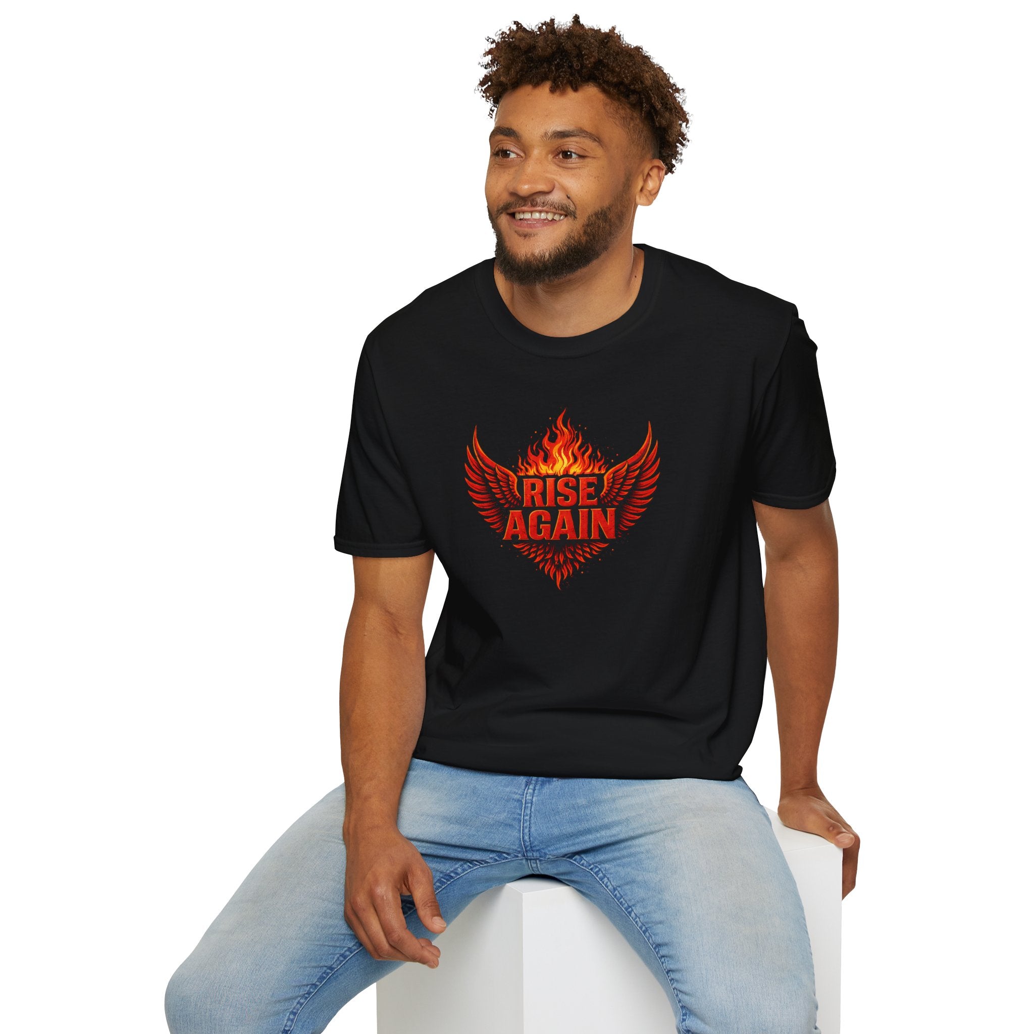 Man wearing a black t-shirt with design on background