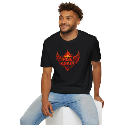 Man wearing a black t-shirt with design on background