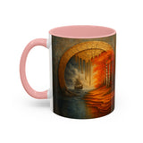 Lifestyle image of the Autumn Portal Coffee Mug in use at sunrise, enhancing morning rituals.