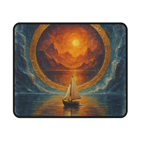 Close-up view of the non-slip base of the Sailing Into the Sun Gaming Mouse Pad, showcasing its textured rubber backing for a firm desk grip.