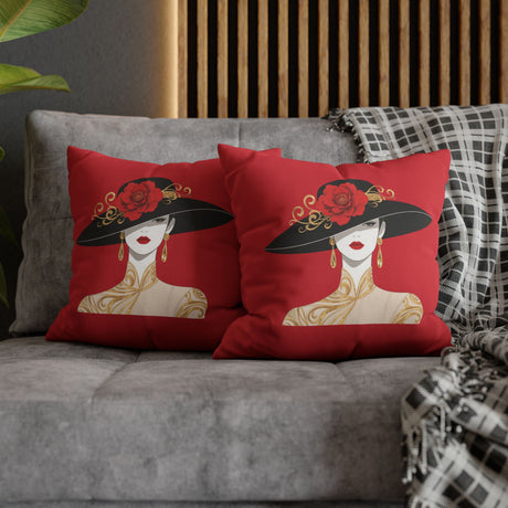 Elegant Red Lady Pillowcase — Decorative Square Accent Pillow Cover   16" × 16"